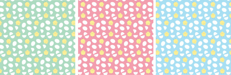 set of seamless vector easter patterns with chicks and cracked eggs on pink, blue, green pastel background. collection of easter square greeting cards with baby chicks