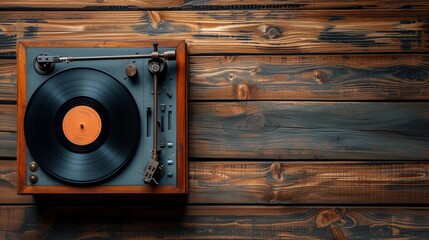 Vintage vinyl record player mockup on a wooden background 