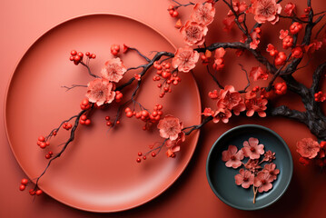 Flat lay red flowers on branches, ceramic plate on the background. Card for 1st october people's republic of China national day