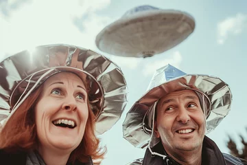 Fotobehang man and woman holding metallic hats, exaggerated emotions, futuristic spaceship, ufos in the sky, conspiracy theory concept, sunlight © zgurski1980