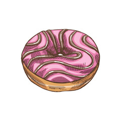 A hand-drawn colored sketch of donut. Vintage illustration. Pastry sweets, dessert. Element for the design of labels, packaging and postcards.