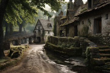 village avec des maisons anciennes en bois, pierre et mortier, nature, maison abandonnée, médiéval, escalier en pierre, extérieur