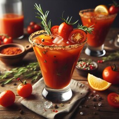 tomato and herb bloody mary martini cocktail glass