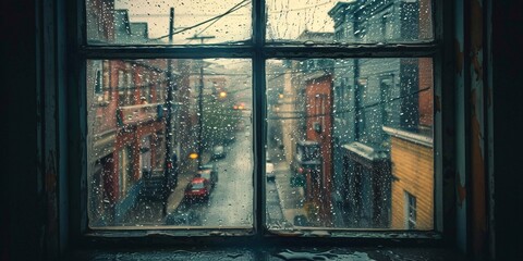 Cityscape viewed from a window on a rainy day with a vintage feel.