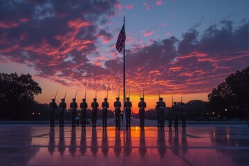 A solemn flag-raising event with a military honor guard hoisting the national flag, veterans saluting, and onlookers reflecting on the sacrifices for independence - obrazy, fototapety, plakaty