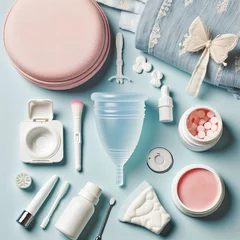 Fotobehang top view menstrual cup with toilet kit © Sergiu
