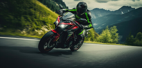 Motorcyclist in vibrant gear leans into a fast corner on a mountain road.
