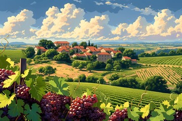 Famous vineyard in Bourgogne, France offering wine sampling and showcasing popular grape varieties through beautiful illustrations of the French landscape  - obrazy, fototapety, plakaty
