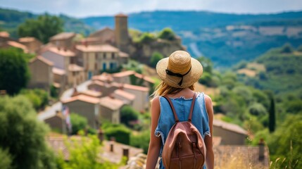 Fototapeta na wymiar Female traveler admiring scenic village in France.