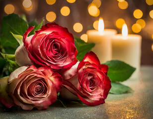 roses on the table and bokeh candle lights in the background