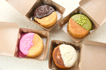 Cromboloni or Crombolini, croissant bomboloni pastry filling with chocolate paste
