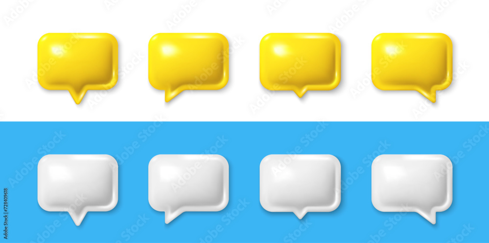 Poster set of 3d speech bubble icons. speak bubble text, chatting box, chat dialog icon. blank empty 3d spe