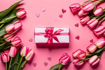 Craft an intimate visual story for Mother's Day or Valentine's with a top-view composition highlighting a gift box, ribbon, and a bouquet of tulips on a charming pink backdrop.