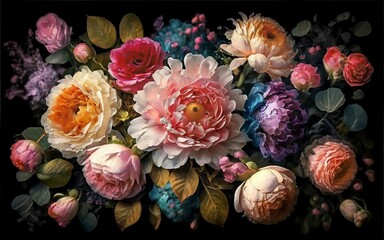 Dark moody floral peony, roses flowers wall background