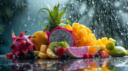 Exotic fruit display with vibrant colors and juicy textures on a dark backdrop