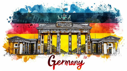 Travel to Germany country illustration background with a mix of German flag colors and architecture of Germany isolated on white backdrop