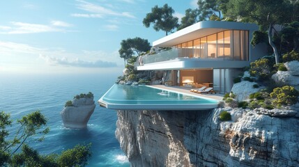  A cliff-hanging modern masterpiece, its cantilevered structure offering panoramic views. - obrazy, fototapety, plakaty
