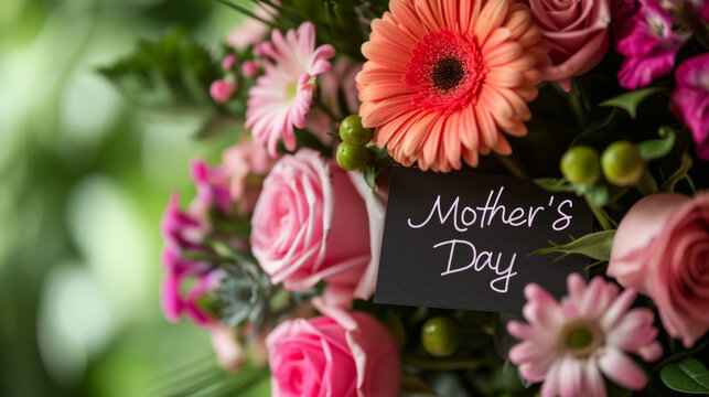Flower bouquet gift for Mother's day and sign with written text Mother's day background