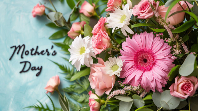 Flower bouquet gift for Mother's day and sign with written text Mother's day background