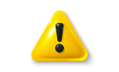Yellow danger warning triangle 3d icon. Alert, caution or emergency notification. Danger hazard notification. Caution alert notice, triangle warning reminder and emergency attention. Vector