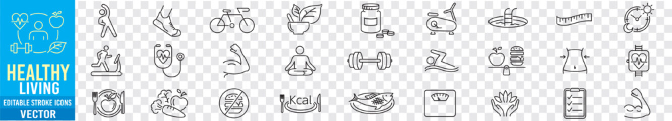 Healthy Lifestyle editable line icons wellness relaxation health exercise yoga spa diet wellbeing collection. - obrazy, fototapety, plakaty