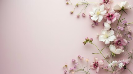 Fototapeta na wymiar A background adorned with delicate pink and white spring flowers against a soft pink backdrop, the composition includes a designated area for text.