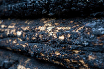 Fototapeta na wymiar Charred wooden logs of a barn, bathhouse, house after a fire.