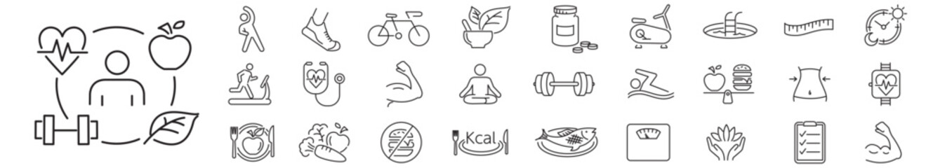 Healthy Lifestyle editable line icons wellness relaxation health exercise yoga spa diet wellbeing collection.