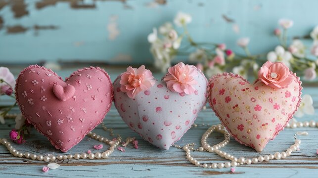 Handcrafted fabric hearts adorned with beads and tiny flowers on a rustic wooden background