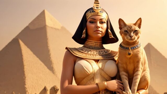 Beautiful Egyptian queen against the background of the pyramid.