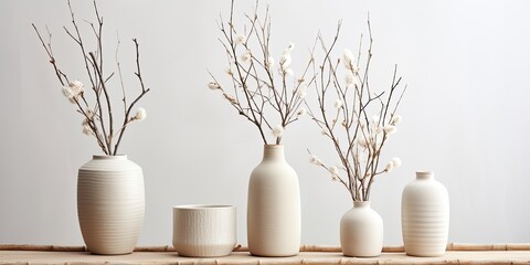 Stylish Scandinavian interior with beige ceramic vases and dry cotton branches, ideal for displaying products in a modern home. - obrazy, fototapety, plakaty