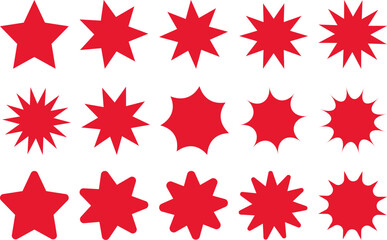 Set of red star shaped price stickers, sale or discount tag, quality mark, retro sunburst badges, promotional badge set, shopping labels collection
