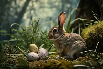 Easter bunny and colored eggs in forest. Generative AI