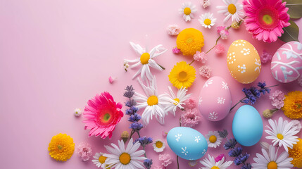 Obraz na płótnie Canvas Realistic 3d design Top view banner of easter eggs ,flowers with soft color background.Easter festival background.