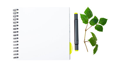 Sketchbook isolated on white background with green leaves.