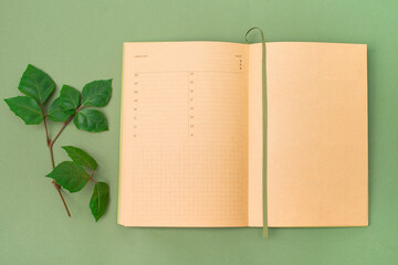 Planner mock up with green leaves on green background.