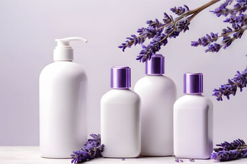 Obraz na płótnie Canvas Mockups of cosmetics bottles. Bottles and cosmetic dispenser on light lilac background with lavender. Beauty, cosmetology, skin care, spa salon