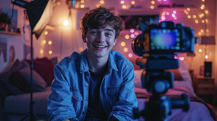 Obraz premium Man Content Creator Recording in a Studio, Happy and Smiling. Man Influencer, Man Streamer And Man Youtuber. Professionalism in Influencing