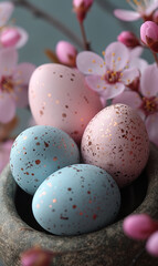 Obraz premium Close-up of softly colored pastel eggs. Easter card design and wallpaper.