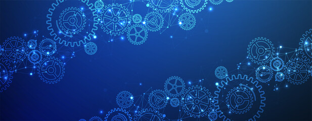Abstract blue technological background  with cogwheels and plexus effect. Vector