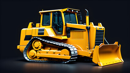 bulldozer isolated on a black background. yellow bulldozer Construction machinery and equipment on groundwork. Bulldozer leveling ground for new road construction. 