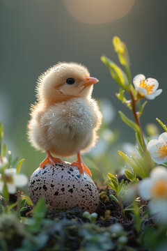 A newborn baby chicken sits atop a painted, patterned egg, creating a charming Easter card.