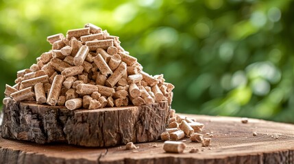 Biomass wood pellets pile and woodpile on blurred background with copy space for text placement - obrazy, fototapety, plakaty
