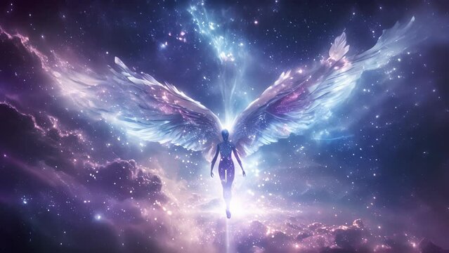 A stoic figure with iridescent wings adorned with constellations and sparkling comet tails soaring through the universe with grace and purpose.