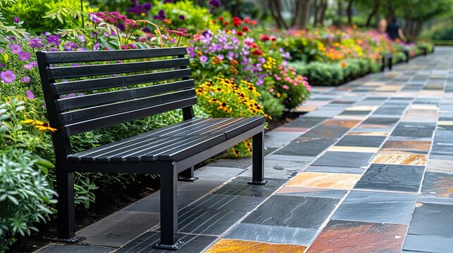 Title: Tranquil park bench surrounded by a vibrant floral display and colorful pavement