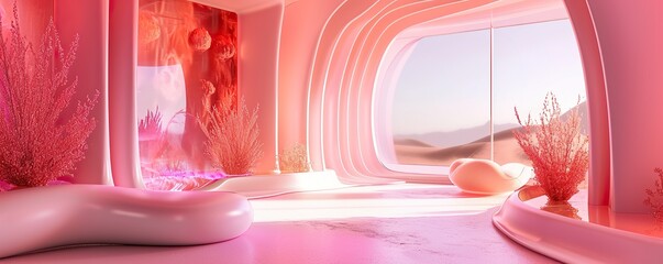 a beautiful room in a futuristic and abstract pink color