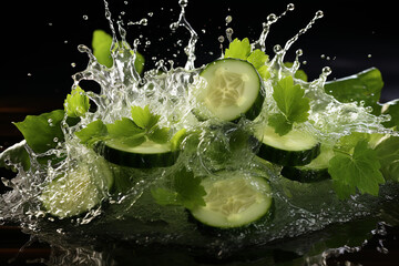 cucumber slices with knife and water drops and splashes on dark background