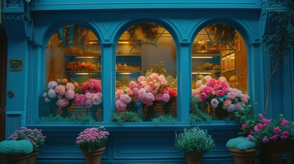 Romantic blue flower shop window with arches windows and pink peonies