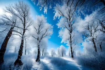 Village in a winter day and snow. Winter frosty trees on snow white background, Winter trees covered with frost and blue sky