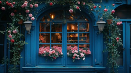 Fototapeta na wymiar Romantic blue flower shop window with arches windows and pink peonies